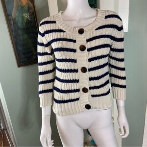 Aerie Navy Cream Striped Chunky Cardigan Sweater 3/4 Sleeves Cotton S/M